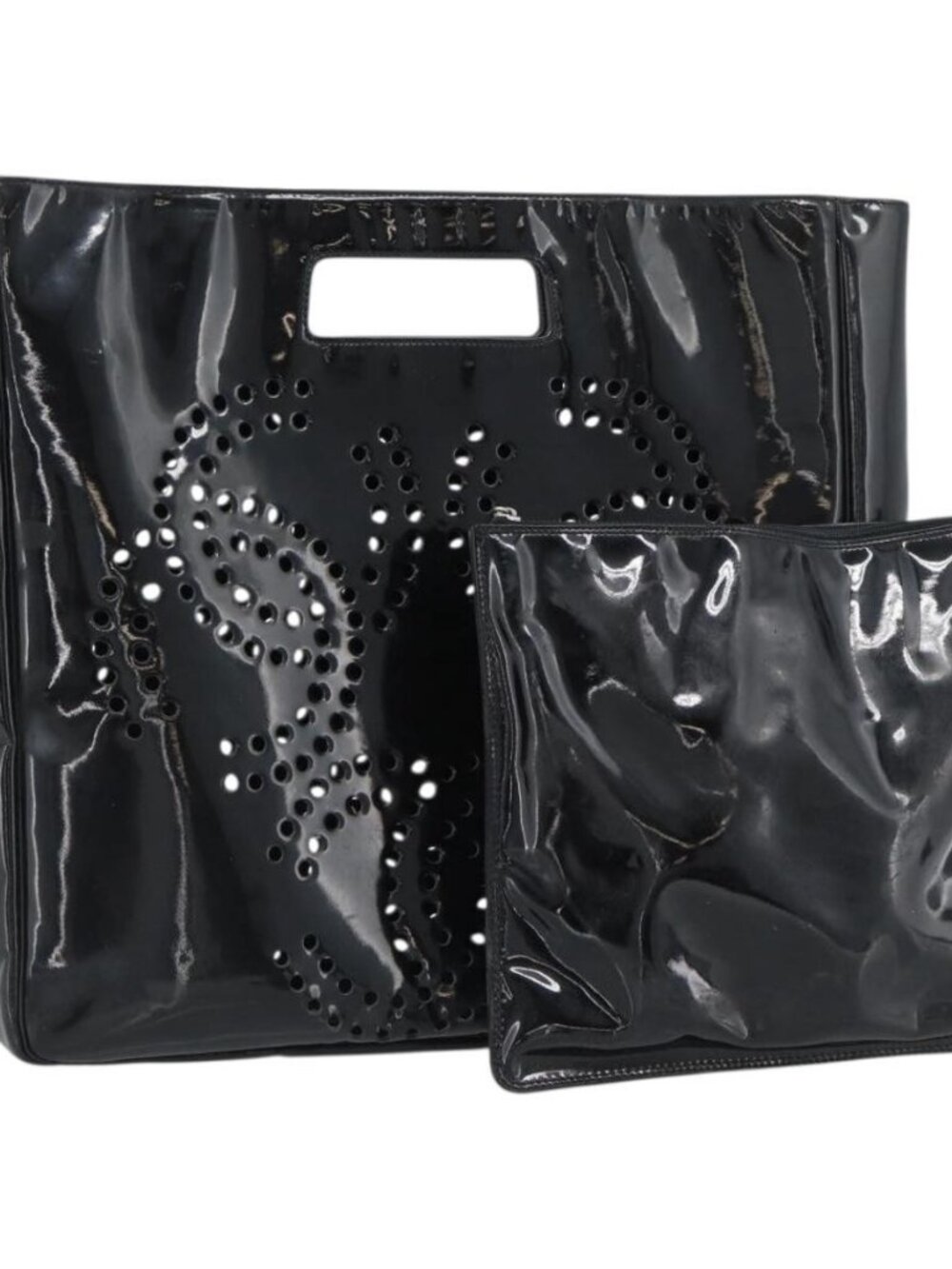 CHANEL Hand Bag Patent leather Black Silver CC Auth 186129